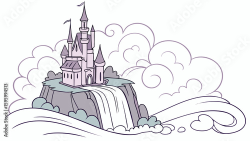 Vector art of a majestic castle perched on a floating island with a flowing waterfall