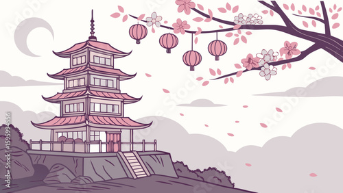 Vector art of a pagoda on a mountain with cherry blossoms, lanterns, and a crescent moon, “Pagoda on Mountain with Cherry Blossoms and Lanterns Under Crescent Moon – Vector Illustration”

