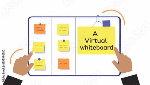 Illustration of a virtual whiteboard with sticky notes and hands interacting with the interface