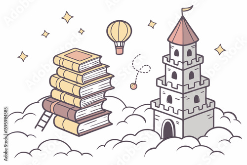 Vector art of a tall castle and a stack of books float among the clouds and stars