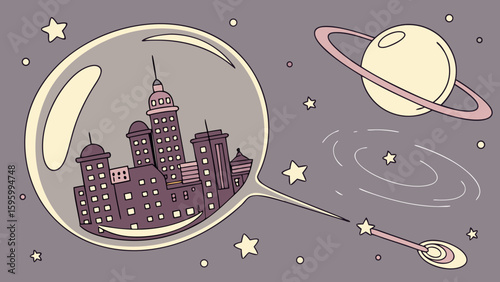 Vector art of a city in a bubble is being scooped up by a cosmic spoon in space