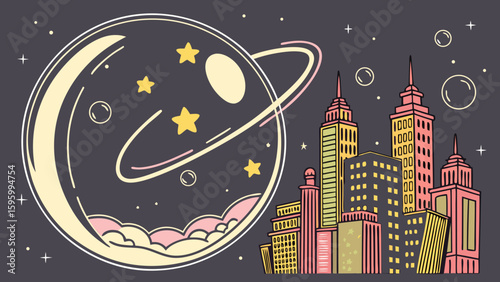 Vector art of a city and a ringed planet float side by side in a whimsical space scene