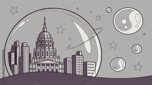 Vector art of a futuristic city with a domed building is protected by a space bubble