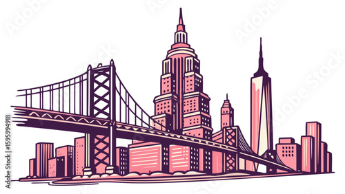 Vector art of a vibrant city skyline with a bridge and skyscrapers isolated on white background,“Vintage Cartoon City Skyline with Famous Landmarks – Vector Clipart Illustration”

