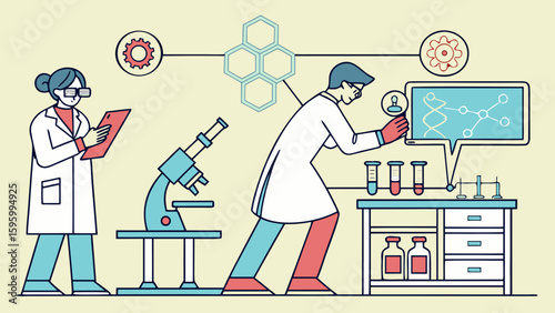 Vector art of scientists are working in the laboratory with microscope and computer illustration