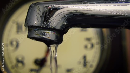Dripping Faucet A close up of a water droplet falling from an old, metal faucet onto a tile surface creating a small puddle.