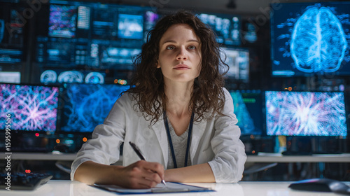 Female Brain Scientist Analyzing Scans and Recording Data in Modern Lab, Generative AI
