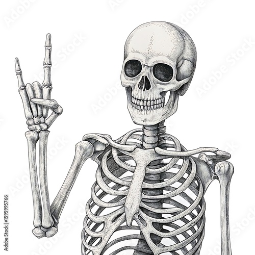 Detailed hand drawn skeleton making rock and roll gesture on white background