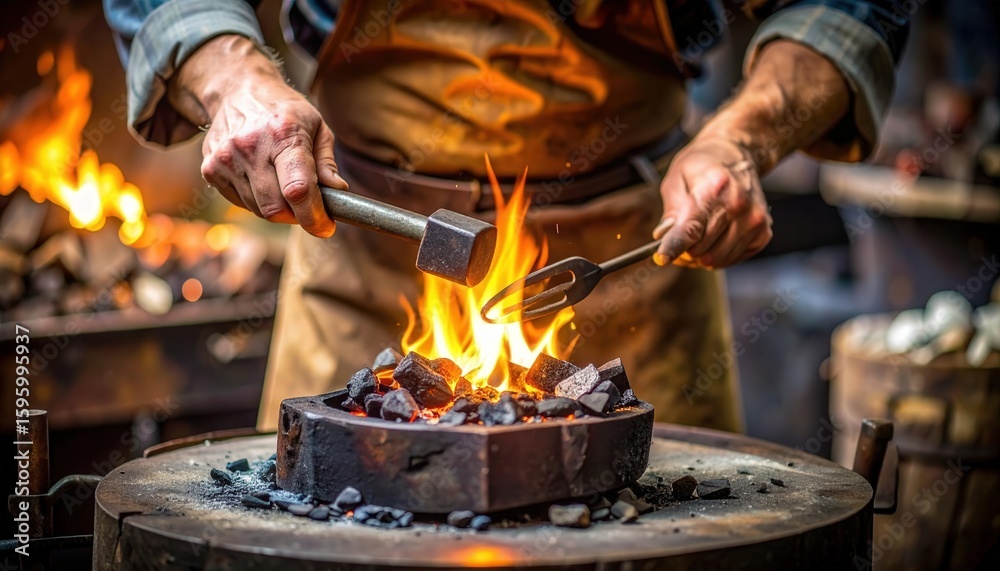 Fototapeta premium Glowing Ember Flickering in Cast Iron Hearth with Craftsman Tools