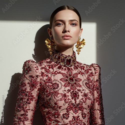 High Fashion Portrait of a Woman in Elaborate Embellished Gown and Statement Earrings
