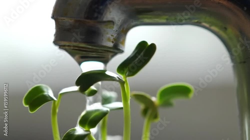 Sprouts Thrive Under the Tap A Macro Shot of Life's Renewal through Water and Seedlings