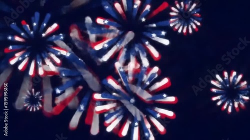 Patriotic themed fireworks display with red white and blue on a dark background