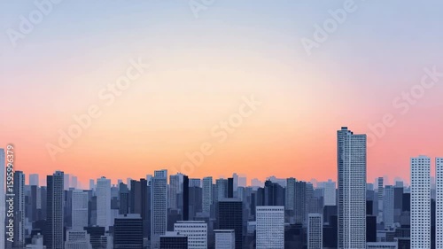 City skyline with tall buildings and colorful sunset sky views