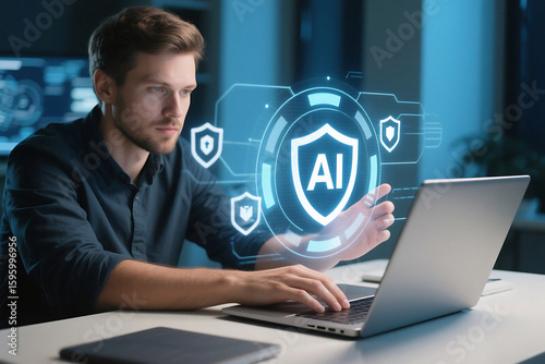 Man using laptop with ai security shield overlay in modern office setting for data protection concept
