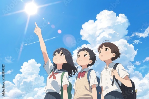 Three anime school children admiring the sun on a beautiful sunny day