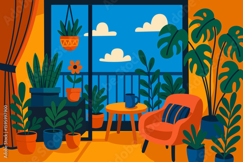 Cozy veranda interior with colorful plants, modern orange chair, and bright window view for home decor, relaxation, and nature lovers