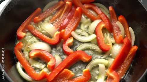 Sizzling Sauté Red Bell Peppers and Onions Cooking in a Hot Pan, Preparing a Delicious Meal