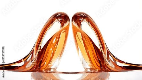 Burnt orange nail polish splash forming twin streaks in a mirrored pattern from bottle center, clean isolation on white, full frame with precision clipping path .