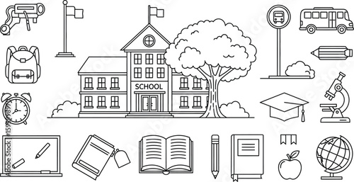 Vector art of a school building and related icons are displayed, representing education, learning, and academic pursuits