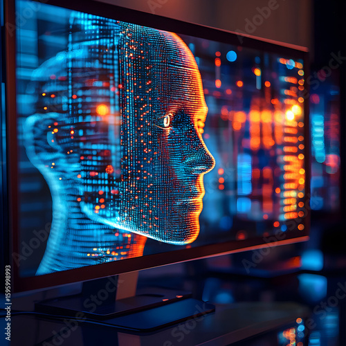 A digital rendering of a robotic face displayed on a computer monitor.