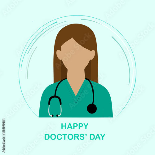Illustration of a female doctor with a stethoscope, celebrating Happy Doctors' Day against a light blue background with circular design elements.