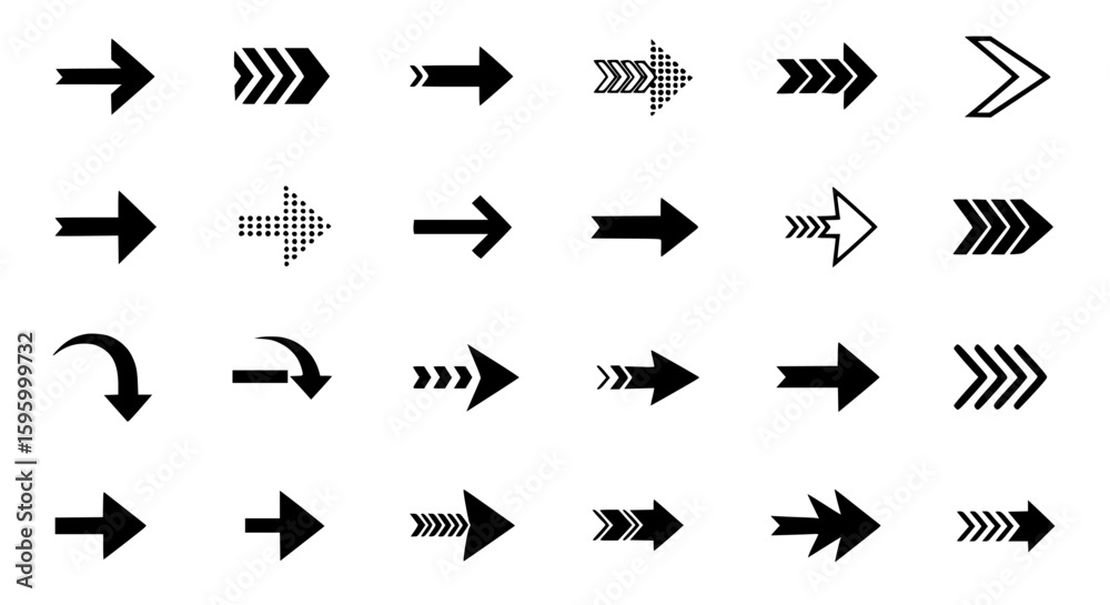 Collection of various arrow styles pointing right and one pointing down transparent background , no background