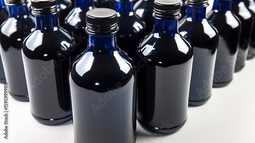 Close-up view of a navy blue nail polish bottle tipped slightly, showing a large, viscous drop forming at the edge of the brush, clean white backdrop and shadow detail, full frame .