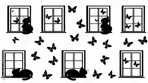 Black silhouette of cats sitting on windowsills surrounded by butterflies in a monochrome illustration