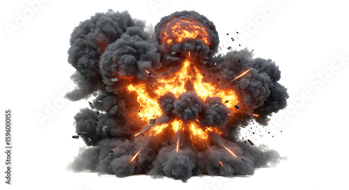 A vibrant explosion of fire and dark smoke fills the frame against a white background.