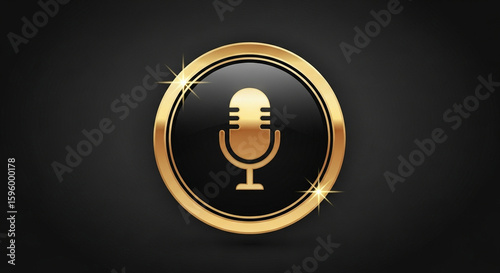 Elegant golden microphone icon in an oval frame on a dark textured background