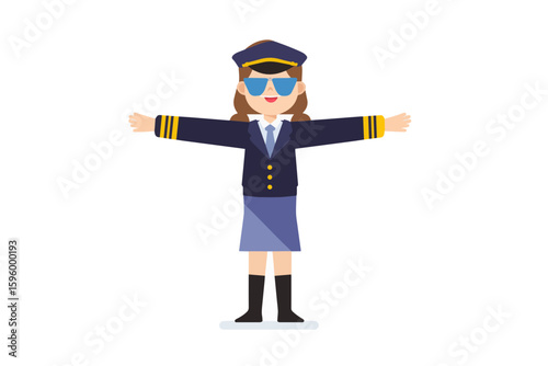 Cute young girl in pilot uniform with sunglasses and arms outstretched, vector illustration on white background