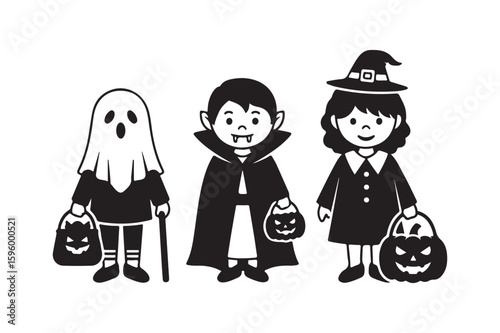 Adorable Cartoon Children Dressed in Halloween Costumes for Trickortreating Fun
