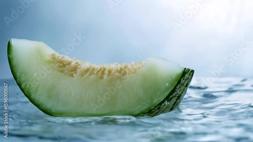 Fresh melon slice floating in water with splashes, refreshing scene