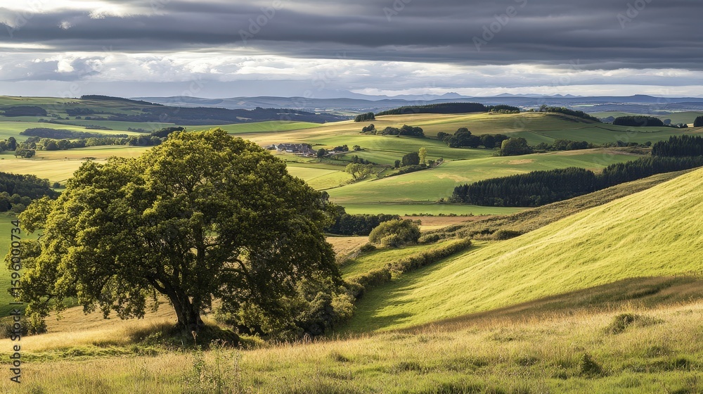 Fototapeta premium Vibrant Green Hills Under Cloudy Sky: A Scenic Landscape View