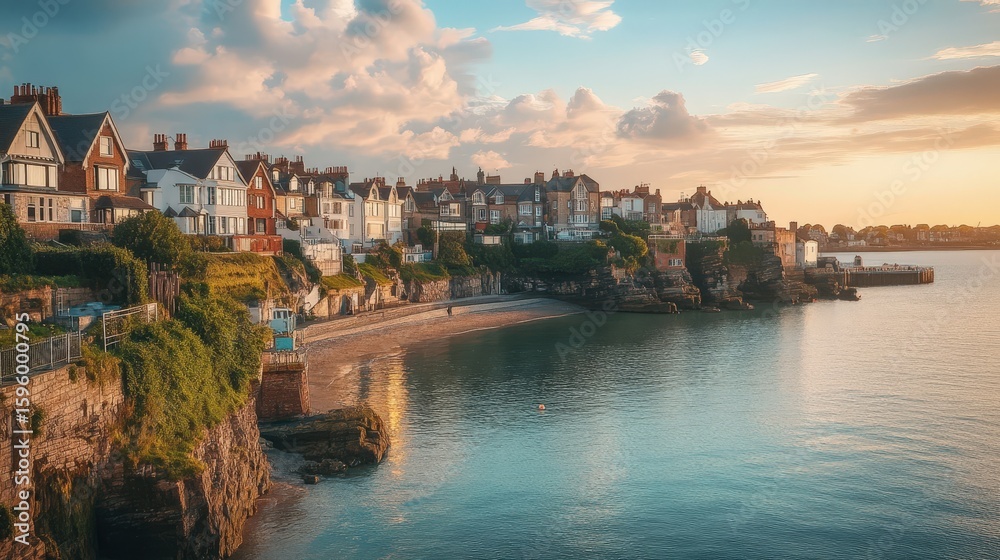 Obraz premium Coastal Village at Sunset with Calm Waters and Scenic Homes
