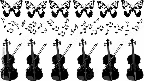 Illustration showing butterflies, musical notes and violins in a repeating pattern design style art