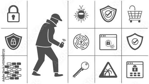 Cybersecurity icons depicting a hacker locks shields and digital threats