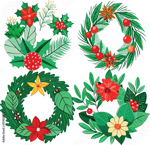 Festive Christmas wreath vector illustration set, adorned with holly berries, green leaves, and red ornaments, perfect for holiday season border designs