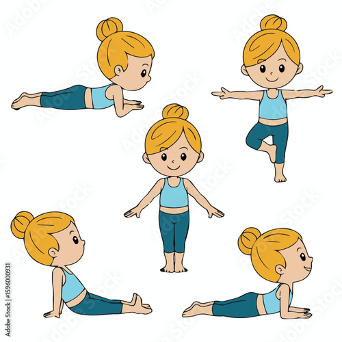 Clean and modern vector  yoga poses for beginners illustration showing different asanas and stretches for flexibility and health