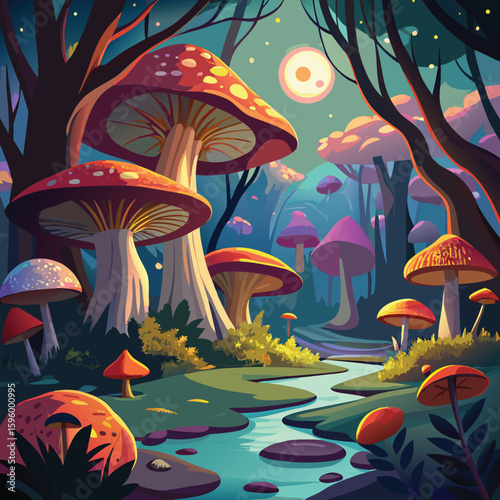 A whimsical cartoon seamless pattern features red and white fly agaric mushrooms growing among green grass and leaves in a magical forest illustration