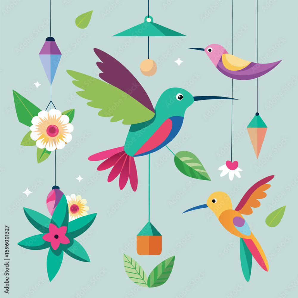 Fototapeta premium Cute cartoon birds and spring flowers seamless pattern design with different animals vector illustration