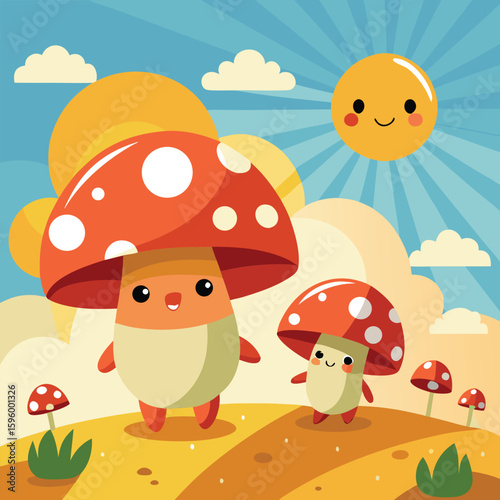 A whimsical cartoon illustration of various red and brown mushrooms and other fungi growing in a forest