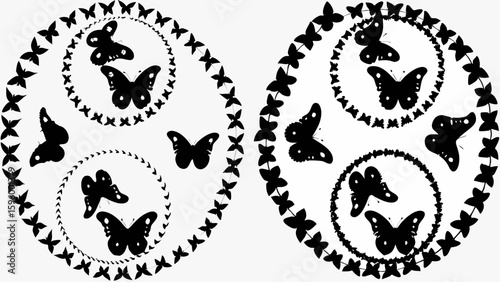 Circular butterfly patterns with spirals and butterfly silhouettes creating a symmetrical design art