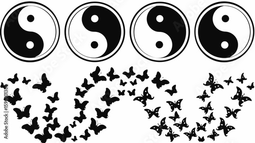 Four yin yang symbols above a collection of butterflies arranged in curved patterns on a white background