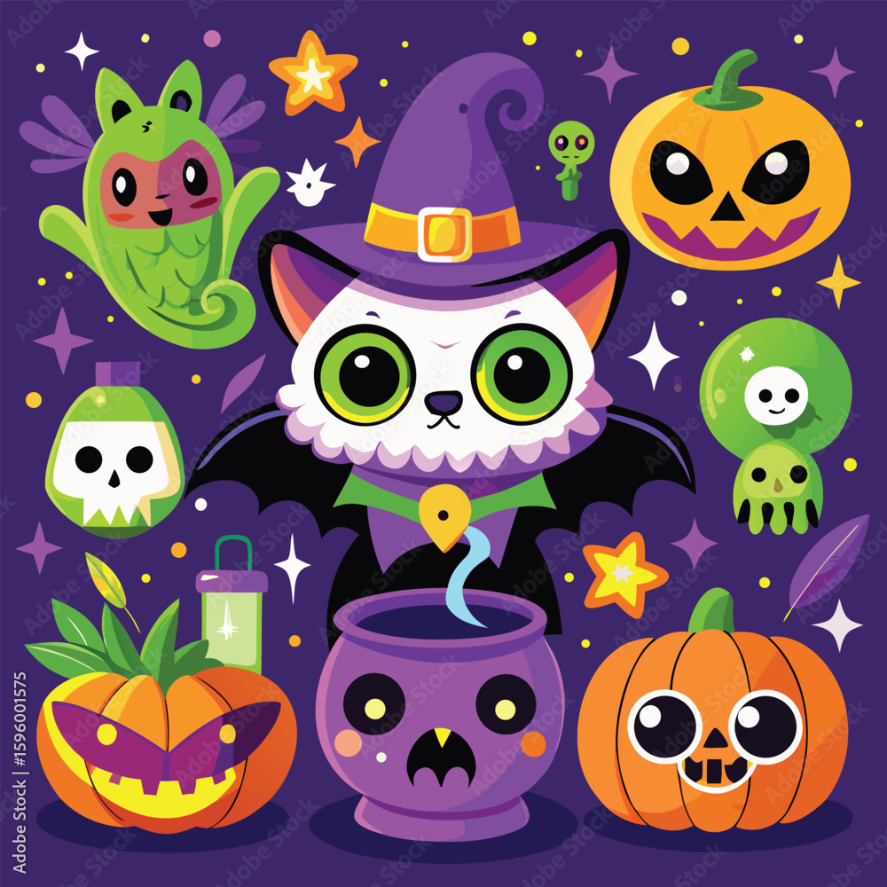 Obraz premium A fun collection of cute cartoon animal faces and monsters makes a seamless pattern, perfect for a Halloween background design
