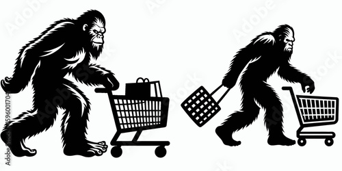 Bigfoot pushing shopping cart Black Friday. Sasquatch a Large Hairy Humanlike Creature Cartoon Animal Clipart Line Art Vector Illustration. handling buggy during annual retail discount event.