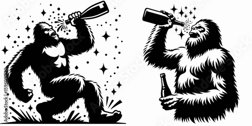 Bigfoot popping champagne New Years Eve. Sasquatch a Large Hairy Humanlike Creature Cartoon Animal Clipart Line Art Vector Illustration. giant enjoying bubbly beverage holiday midnight.