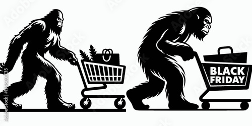 Bigfoot pushing shopping cart Black Friday. Sasquatch a Large Hairy Humanlike Creature Cartoon Animal Clipart Line Art Vector Illustration. Legendary with buggy doing retail purchase.