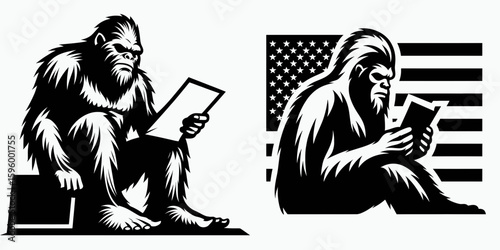 Bigfoot reading letter Veterans Day. Sasquatch a Large Hairy Humanlike Creature Cartoon Animal Clipart Line Art Vector Illustration. viewing mail tribute to military service member day.
