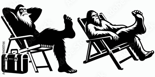 Bigfoot reclining lawn chair Labor Day. Sasquatch a Large Hairy Humanlike Creature Cartoon Animal Clipart Line Art Vector Illustration. relaxing yard seat holiday weekend summertime fun.